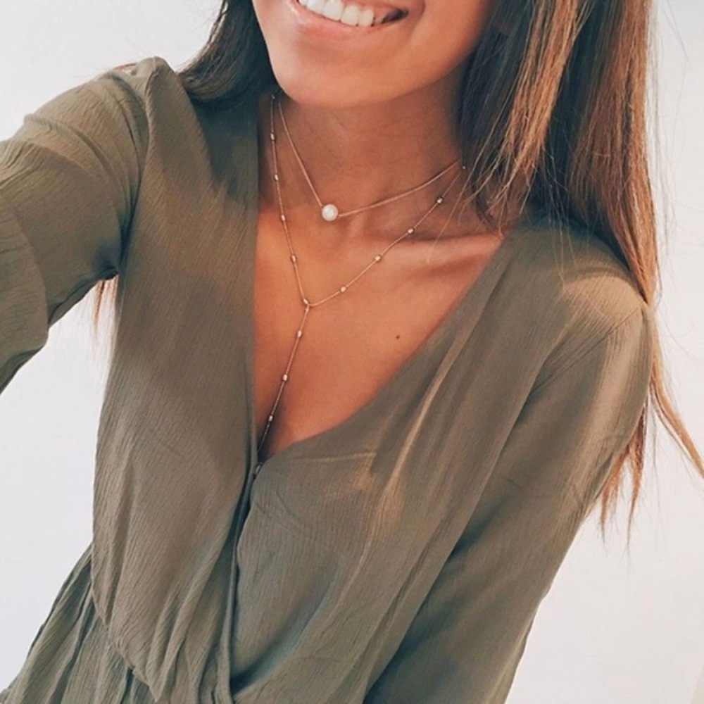 🎀 Lovely Boho triple layered ball chain faux pearl tassel choker - Picture 7 of 7